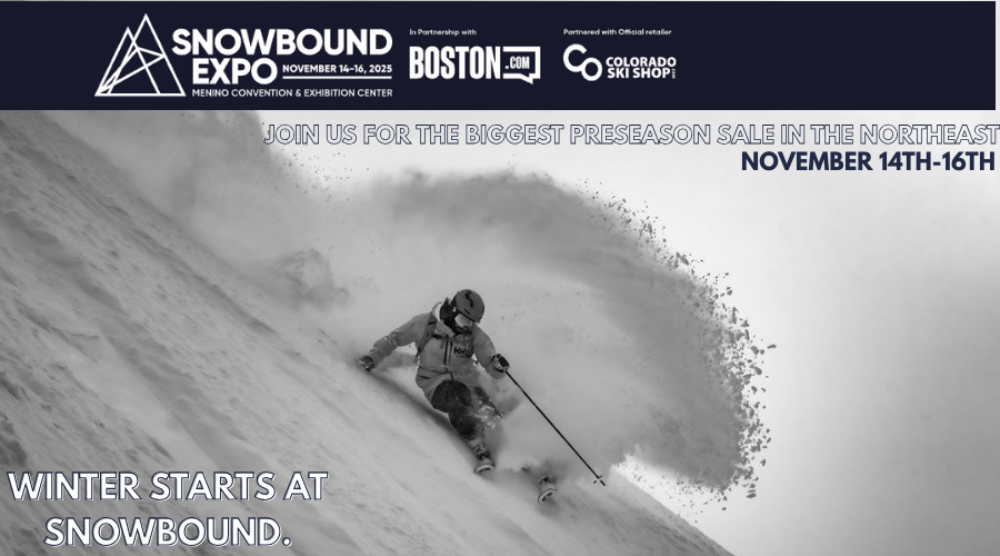Advertisement for Snowbound Expo with a skier on a snowy slope, featuring event details.