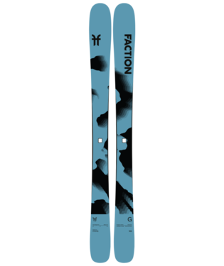 Two blue Faction skis on a white background